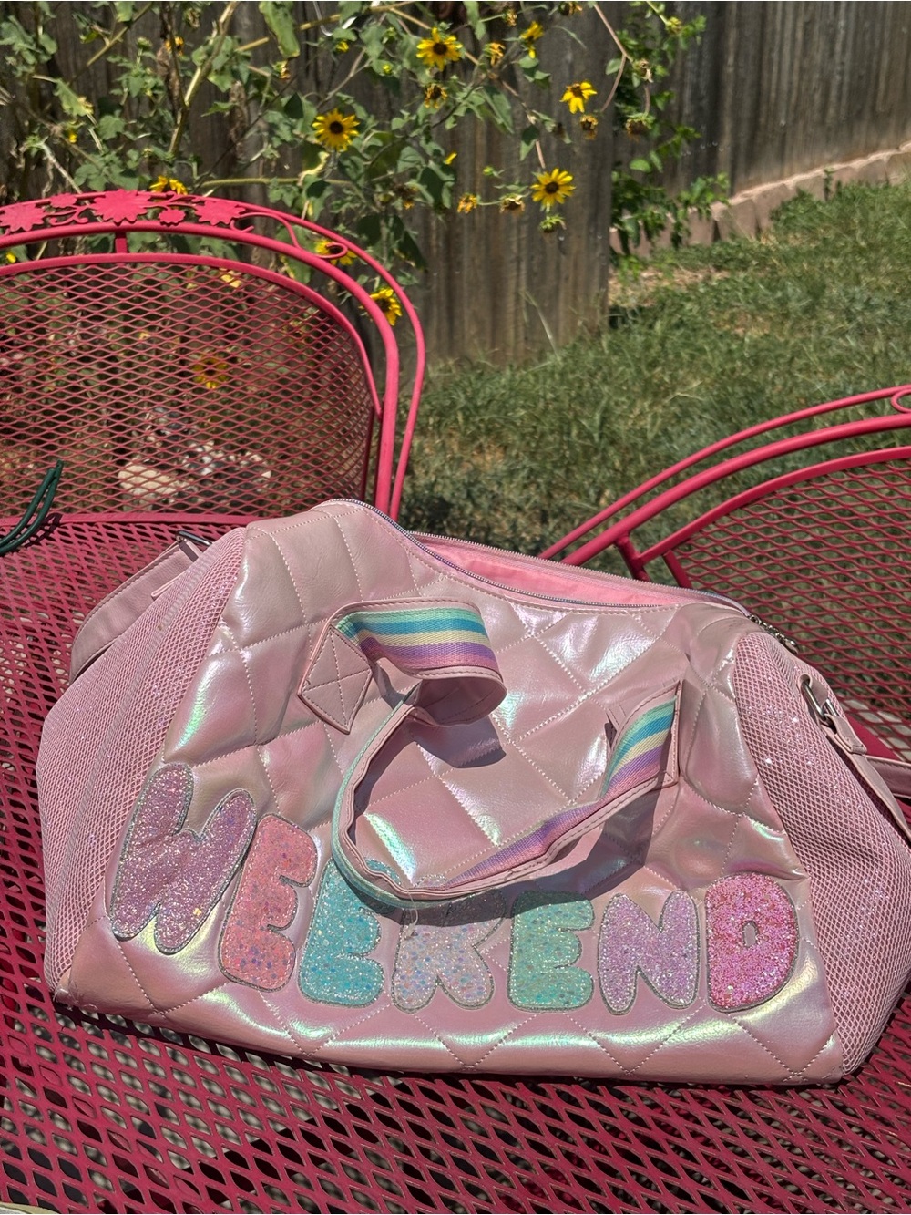 Girly Pink Iridescent "Weekend" Quilted Sparkle Duffle Bag